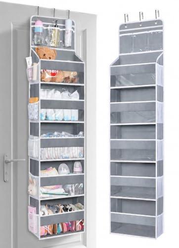 Image of Over the Door Organizer with 5 Large Pockets, Heavy Duty Hanging Door Storage Rack with Clear PVC Front Pockets & Side Mesh Bags, Foldable Closet Organizer for Bedroom