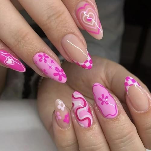 Image of Pink Press on Nails Flower Fake Nails Medium Almond False Nails with Heart Design French Tip Glue on Nails Glossy Artificial Acrylic Nail Full Cover Nude Stick on Nails for Women Manicure 24Pcs
