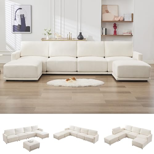 Image of 143.8 inch Modular Sectional Sofa Modern Chenille U Shaped Couch with Thickened Seat Cushions, Easy Assembly, Upholstered 6 Seater Couch with 2 Movable Ottomans for Living Room, White