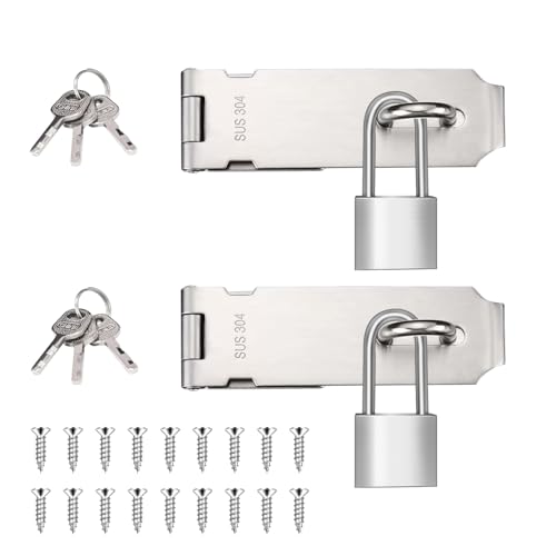 Quevaeco 2 Sets 5 Inch Padlock Hasp Latch Locks, Stainless Steel Padlock with 1.5” Long Shackle, Door Lock Latch for Cabinets Closets or Gate (Silver)