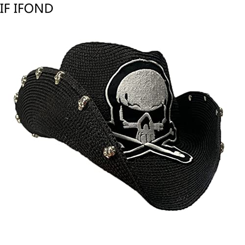 Halloween Festival Skull Pattern Cowboy Hat Straw Western Cowboy Hat Horror Elements Summer Gentleman Hombre Hat Black #TOP3