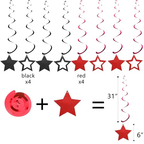 Image of Black & Red Birthday Party Decorations - Happy Birthday Banner, Honeycomb Balls, Star Streamers, Circle Dots, Triangle Flags Bunting