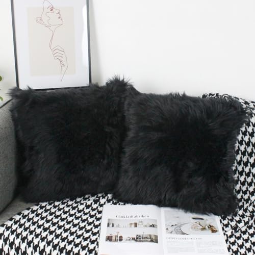 OYIMUA 2Pcs Fundas de Almohada Decorativa Fundas de Almohada de Piel sintética Suave, Pelo Largo Almohada de imitación, sofá Cuddly Cojín de (Negro, 45 x 45 cm)