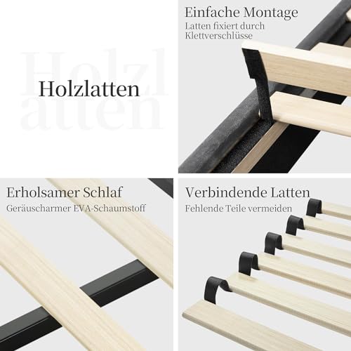 Yaheetech Polsterbett Doppelbett 140 × 200 cm Stoffbett Jugendbett Gepolstertes Bett mit höhenverstellbarem Kopfteil Bettrahmen mit Lattenrost, Dunkelgrau