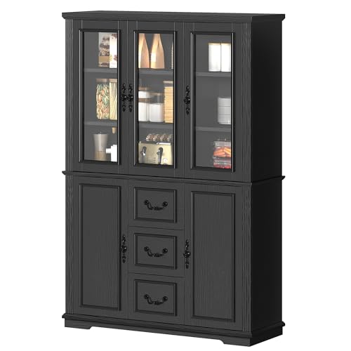 DWVO Kitchen Pantry Cabinet with Glass Doors & Drawers, Tall Large Freestanding 5-Tier Shelf Food Storage Glass Display Cabinets, Modern Farmhouse Cupboard for Dining Room or Living Room, Black