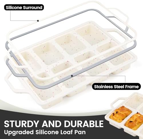 Vinino Silicone Mini Loaf Pans with Metal Reinforced Frame-2 Pack, Non-stick Silicone Bread Pan for Baking 8-Cavity, Tiny Banana Bread Set, Dishwasher Safe Brownie Pan-Cream - Thumbnail 2