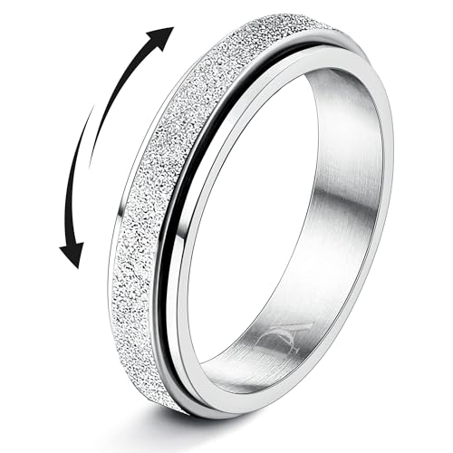 Diamday Anxiety Rings Spinner Rings for Stress Anxiety Relief Fidget Band Ring 4mm Stainless Steel Roller Ring Glitter Sandblast Anti Stress Worry Spinner Fidget Ring Jewelry for Women Men Silver 6
