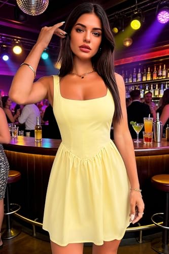 Image of Womens Square Neck Mini Dress Sexy Sleeveless Adjustable Straps Summer Cute A-Line Short Prom Cocktail Party Dresses