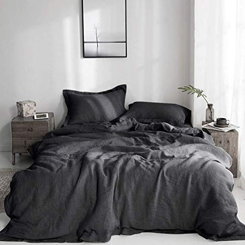 Simple&Opulence 100% Washed Linen Duvet Cover Set 3 Pieces Farmhouse Bedding Sets (1 Comforter Cover and 2 Pillowshams) with Hidden Button Closure(Charcoal Grey,Queen)