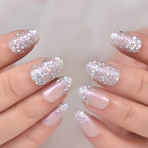 Elevenail Light Pink Purple Bling Silver Glitter Press On False Nails Medium Oval Fake Nails Nude Pink Artificial Manicure Reusable Acrylic Daily Nail Art Tips Gift For Women Girls #TOP2