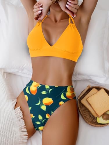 Image of Fanuerg Women's Sexy V Neck Bikini Sets Hollow Out Two Piece Swimsuits Cutout Mid Waist Bathing Suit