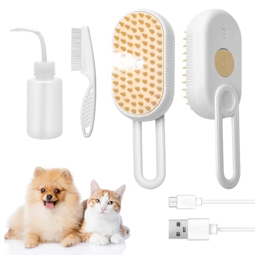 Image of 3-in-1 Cat Steam Brush for Shedding, Massaging & Grooming, Rechargeable, Misty Brush for Cats & Dogs, White, 3 Count