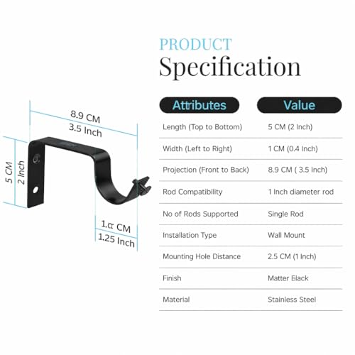 Image of Arena Stainless Steel Curtain Bracket Parda Holder with Support 1 Inch Rod Pocket Finials Designer Door and Window Rod Support Fittings, Matte Black Finish Curtain Rod Holder (Pair of 10)