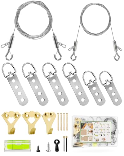 Stalishare Picture Hanging Wire Kit Heavy Duty 70PCS Mirror Hanging Kit for Large Frame/ Mirror up to 50lbs/ 100lbs Including Adjustable Picture Wire Hooks D Rings Frame Backing Clip Mini Level