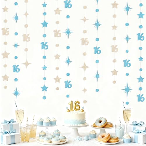 Image of Champagne Gold Blue 16th Birthday Decorations Number 16 Circle Dot Star Garland Glitter Streamer Banner Backdrop for Girls Boys Sweet Sixteen Cheers to 16 Years Old Happy 16th Birthday Party Supplies