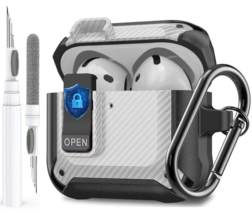 Image of Olytop for Airpods 4 Case with Lock Clip, Rugged Apple Airpods 4th Generation Cover 2024 Men Women, Armor Shockproof iPod 4 Gen Protective Hard Shell with Carabiner&Cleaner kit,CF Black /White
