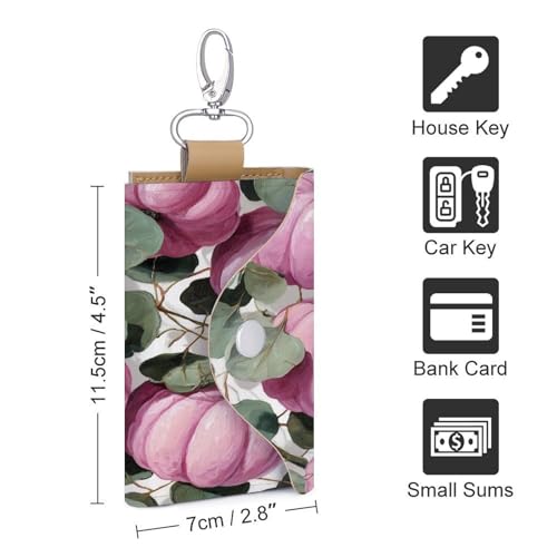 Pink Pumpkins And Eucalyptus Leaves Key Holder Bag PU Leather ID Card Holder Keychains Case Cover for Men Women2