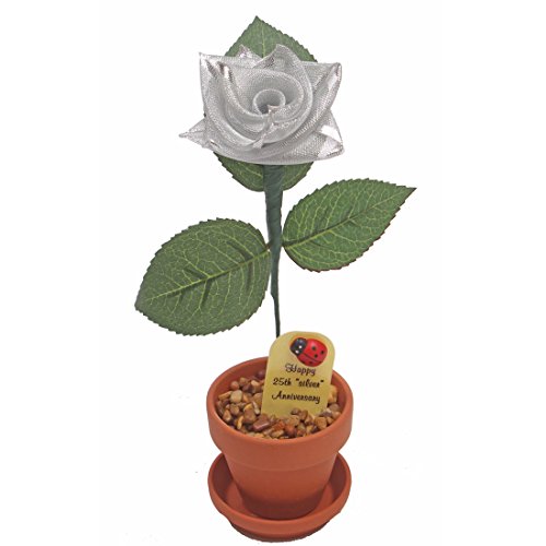 JustPaperRoses 25th Year Wedding Anniversary Potted Silver-Ribbon Desk Rose Flower