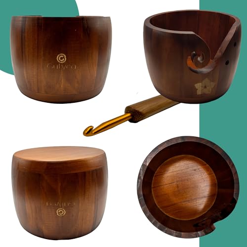 Image of Gutyca Yarn Bowl for Crocheting - Wooden Bowl, Hooks, Kit, Accessories, Holder, Knitting Kit, Gifts