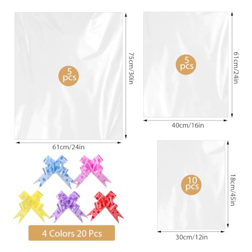 Image of woric 3 Size Clear Cellophane Gift Bags 24x30 16x24 12x18in with Pull Bows