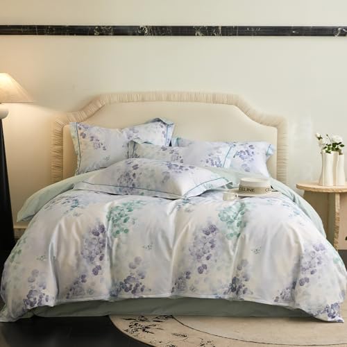 VM VOUGEMARKET Green Purple Duvet Cover Set Queen,3 Pieces Branch Leaves Duvet Cover with 2 Pillow Shams 100% Cotton Botanical Bedding Set-Queen,90x90 Inch