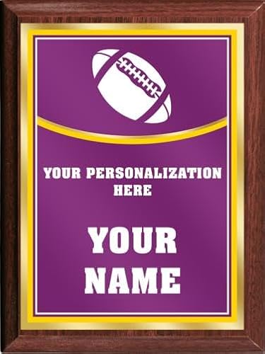 Crown Awards Football Personalized Plaque Award, 6x8 Color Printed Metal Plate with Custom Engraving, Purple with Gold Plaque On Wood Finish
