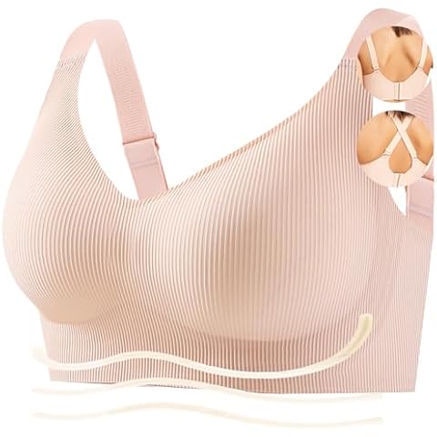 PRETTYWELL Bras for Women No Underwire Padded Wireless Bra Ribbed Seamless Bra Comfortable Lift V-Neck Bralettes with Support Pink Cover