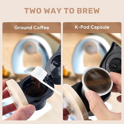 Image of Pod and Grounds Single-Serve Coffee Maker, 2 in 1 One Cup Coffee Machine Compatible with K-Cup Pod & Coffee Grounds /Tea, Compact Design, Champagne Color (Cream)