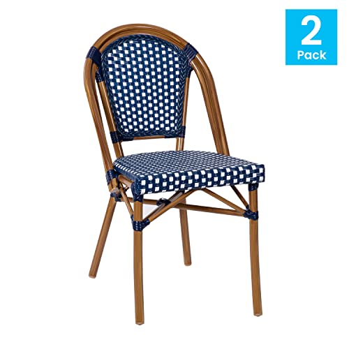 Image of Flash Furniture Bordeaux Set of 2 Indoor /Outdoor Commercial Bistro Stack Chairs - Navy /White PE Rattan Back and Seat - Natural Bamboo Print Aluminum Frame
