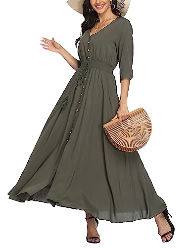 Damen Sommerkleid A Line V-Ausschnitt Standkleid Boho Blumenkleid 3/4 Ärmel Hohe Taille Partykleid Lange Freizeitkleid Olivgrün XL