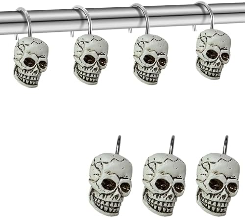 Decorative Shower Curtain Hooks, 12pcs Skull Resin Art Deco Rust Resistant Hooks Glide Shower Ring Hangs Holder Bling for Bathroom Baby Living Room Nursery Halloween Decoration image 3