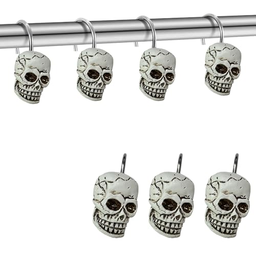 Decorative Shower Curtain Hooks 12pcs Skull Resin Art Deco Rust Resistant Hooks Glide Shower Ring Hangs Holder Bling for Bathroom Baby Living Room Nursery Halloween Decoration