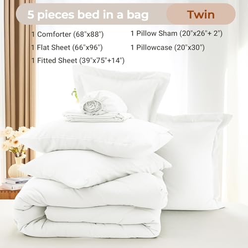 MUXHOMO 5 Pieces Twin Comforter Set, Soft Bed in a Bag Twin Size, All Season Bedding Set with Comforter, Flat Sheet, Fitted Sheet, Pillowcases & Shams, White