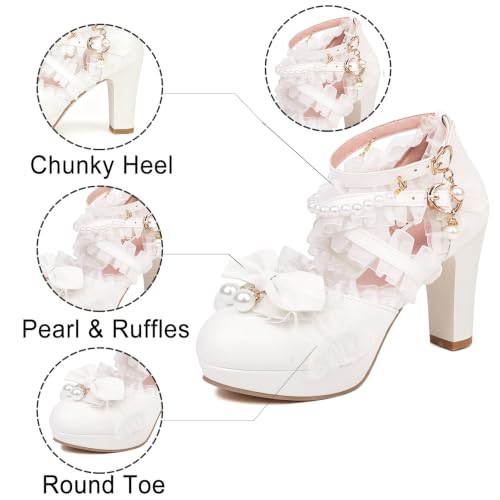 Image of FOREADA Lolita Shoes Platform Mary Jane Heels Kawaii Bow Lace Pearl Pumps | Vintage kawaii lolita styling ideal for dresses, with bead, lace, bow, ankle strap, pink, white and classic black colors