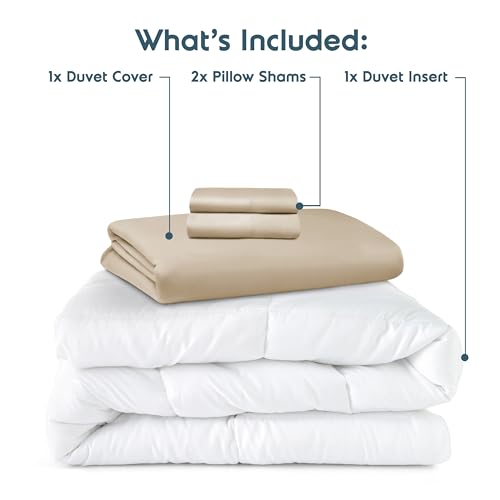 Nestl Queen Duvet Cover Set with Comforter Insert - Beige Cream 4 Piece 90x90 Duvet Cover & 2 Pillow Shams with White Quilted Down Alternative Comforter, Ultra Soft, All Season