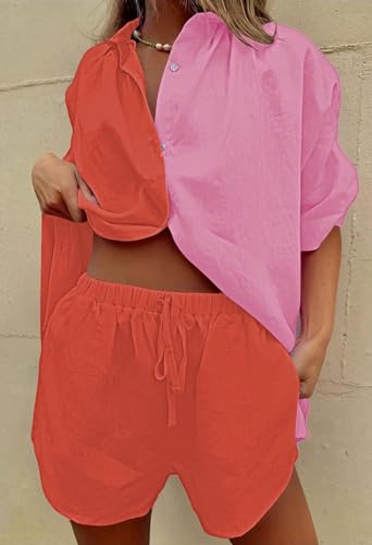 Image of Fixmatti Women 2 Piece Outfits Long Sleeve Button Down Blouse and Shorts Sweatsuit Sets
