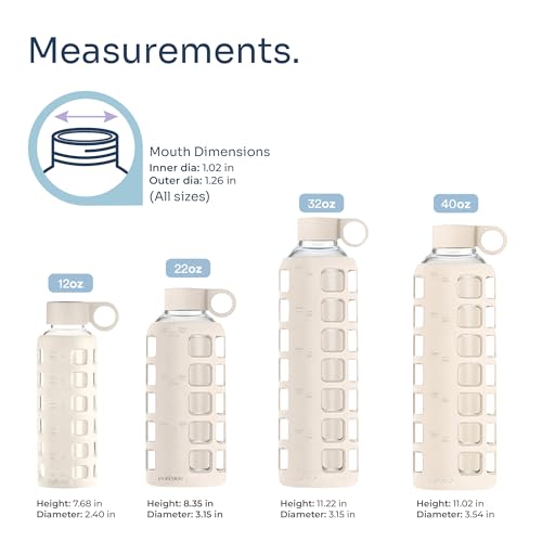 purifyou 40oz / 32oz / 22oz / 12oz Borosilicate Glass Water Bottle with Time & Volume Markers, Silicone Sleeve, Stainless Steel Lid | Reusable Glass Bottle for Water & Juice (40oz Pearled Ivory)