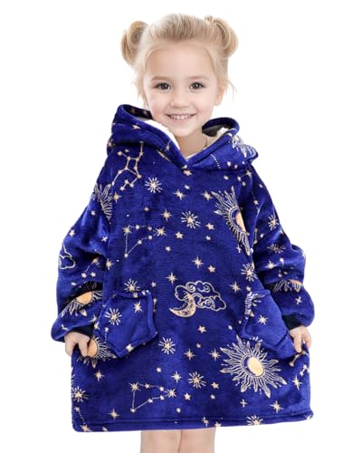 Wenlia Manta con capucha de gran tamaño para niños pequeños de 2 a 6 años, manta de sherpa para niñas con bolsillo, suéter cálido y dulce, manta portátil, talla única para 2-6 años, Sol Azul Marino,