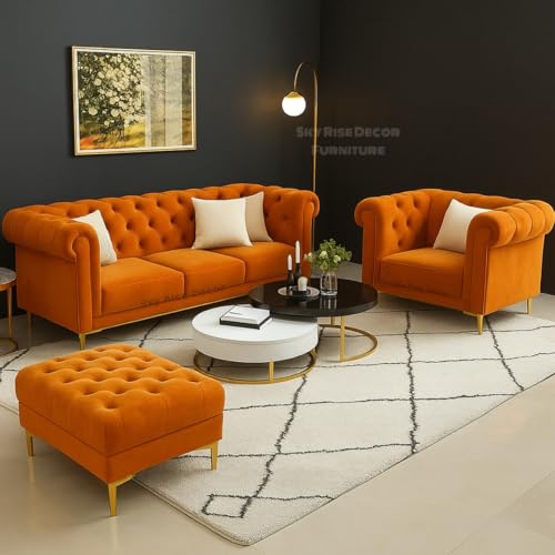 Image of Modern Classic 5 Seater Sofa Set Couch Fabric & Velvet Tufted 3+1+1Footrest Chesterfield Sofa Living Room and Office (3+1+1Footrest Orange) | Premium Material