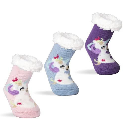 FENELY 3 Pairs Winter Kids Fuzzy Slipper Socks 2-4/4-6/6-8 Girls Boys Thermal Warm Non-Skid，Gifts for Christmas Stocking