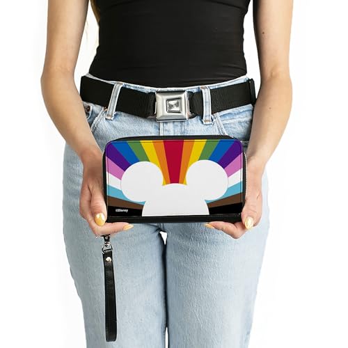 Buckle-Down Disney Wallet, Zip Around, Mickey Mouse Pride Ears Icon Rays Multi Color Rainbow, Vegan Leather3