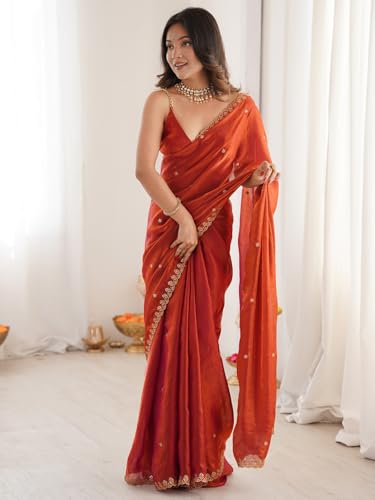 Image of AKHILAM Women's Shimmer Tissue Embroidered Saree With Unstitched Blouse Piece
