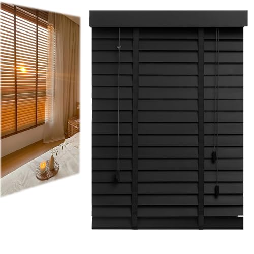 Nach Maß Echtholz Jalousien Holzjalousie Innen Verdunkelung Massivholz Holzrollo die Sichtschutz 35 45 60 70 90 100 120 130 150 165 180cm Zuschnitt Einfache Montage(Schwarz)