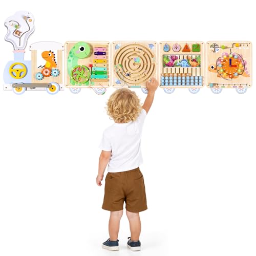 QIESIDM Montessori Wall Activity Busy Board for Toddlers 1-5 Wooden Sensory Wall Panel & Busy Board Wall Toys Space-Saving Activity Wall for Independent Play Playroom Daycare & Classroom
