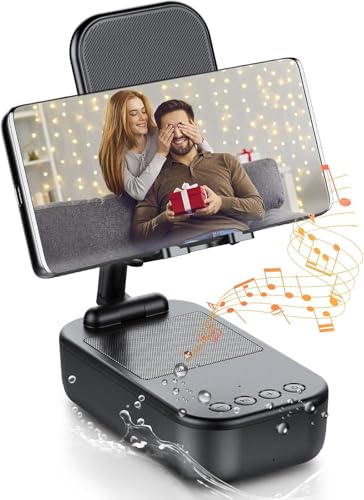 Altavoz Bluetooth Inalambrico con Soporte Movil, Antideslizante & Sonido Envolvente HD,IP7 Impermeable,Altavoz Portatil & Porta movil Ajustable para Phone/Pad,Regalo Ideal para Hombres Mujeres,Negro