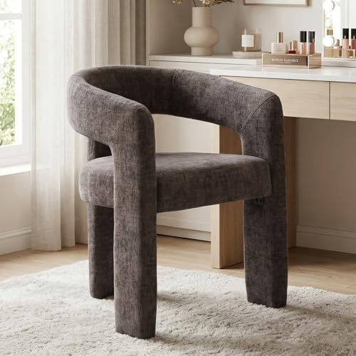 Image of HNY Modern Barrel Kitchen & Dining Room Chair, Chenille Upholstered Accent Chair with Arm, 18.5'' Wide Side Armchairs Vanity Chairs for Living Room Bedroom Makeup Small Spaces, Charcoal Grey