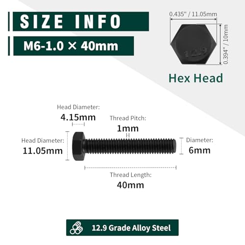 Image of M6-1.0 x 40mm Hex Bolts, 12.9 Grade Alloy Steel, Black Oxide Finish, Full Thread, Coarse Thread UNC, Hexagon Head Bolts 20 PCS