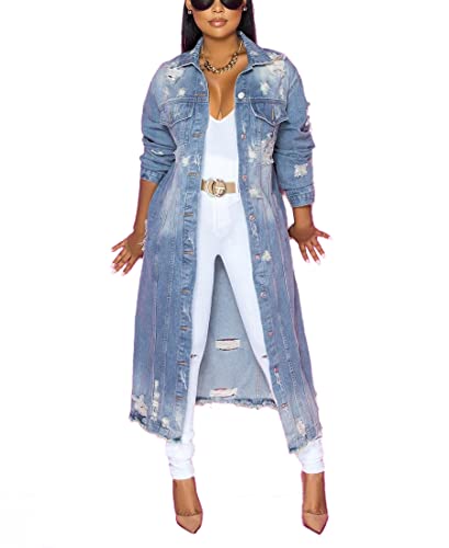 Womens Distressed Ripped Denim Trench Coat Casual Slim Button Down Washed Long Jean Jacket