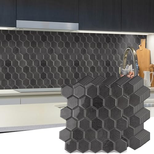WalDecoo 10 Blatt Hexagon Peel and Stick Backsplash für Küche, Upgrade, Premium Extra Dickeres Design, 3D Selbstklebende Wandfliesen, große Klebefliesen für Küche und Bad (30,5 x 30,5 cm)
