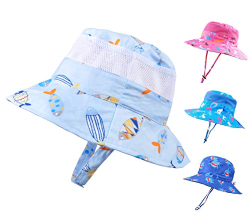 Baby Sun Hat Toddler Kids UPF 50+ UV Ray Sun Protection Wide Brim Bucket Swimwear Animal Hat (3-6 Months, Double Fish)